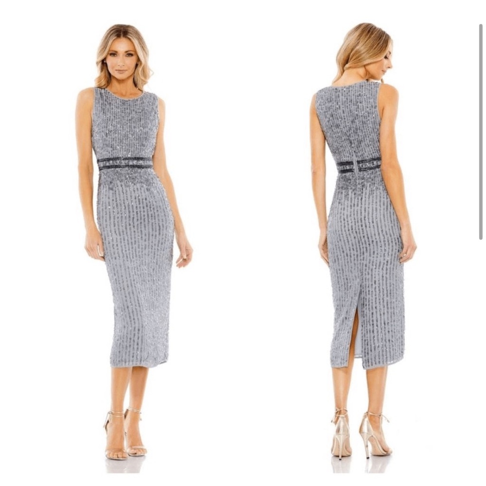 NWT MAC DUGGAL | Gray Sleeveless High Neck Beaded Midi Sheath Dress